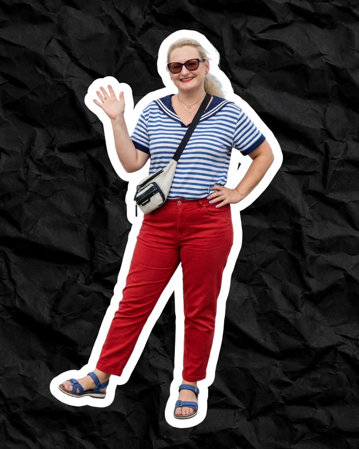 Tu Profe Barbie macha do kamery w czerwonych spodniach